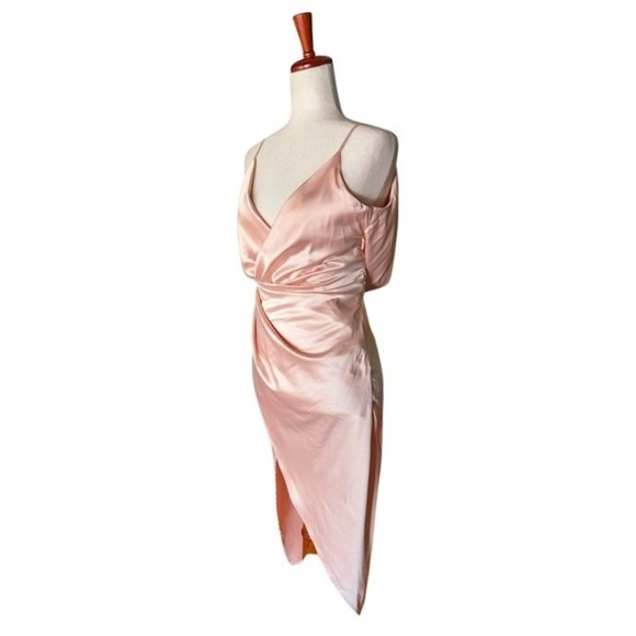 House of CB Coco Nude Pink Satin Draped Wrap Midi Dress XS New With Tags - Picture 3 of 7